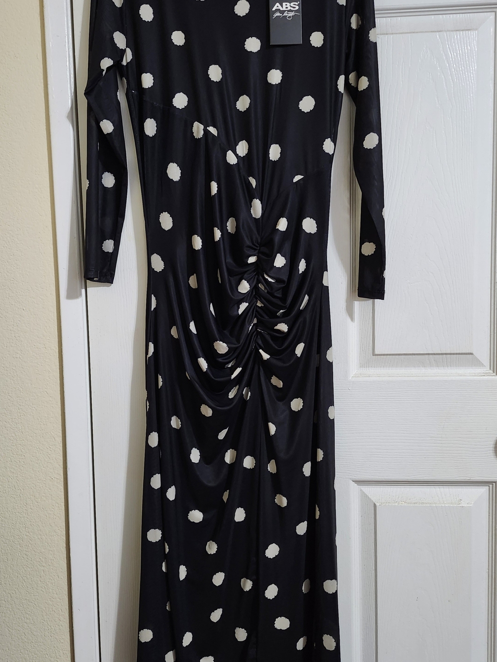 ABS Allen Schwartz Black and White Polka Dot Long Sleeve Ruched Maxi Dress